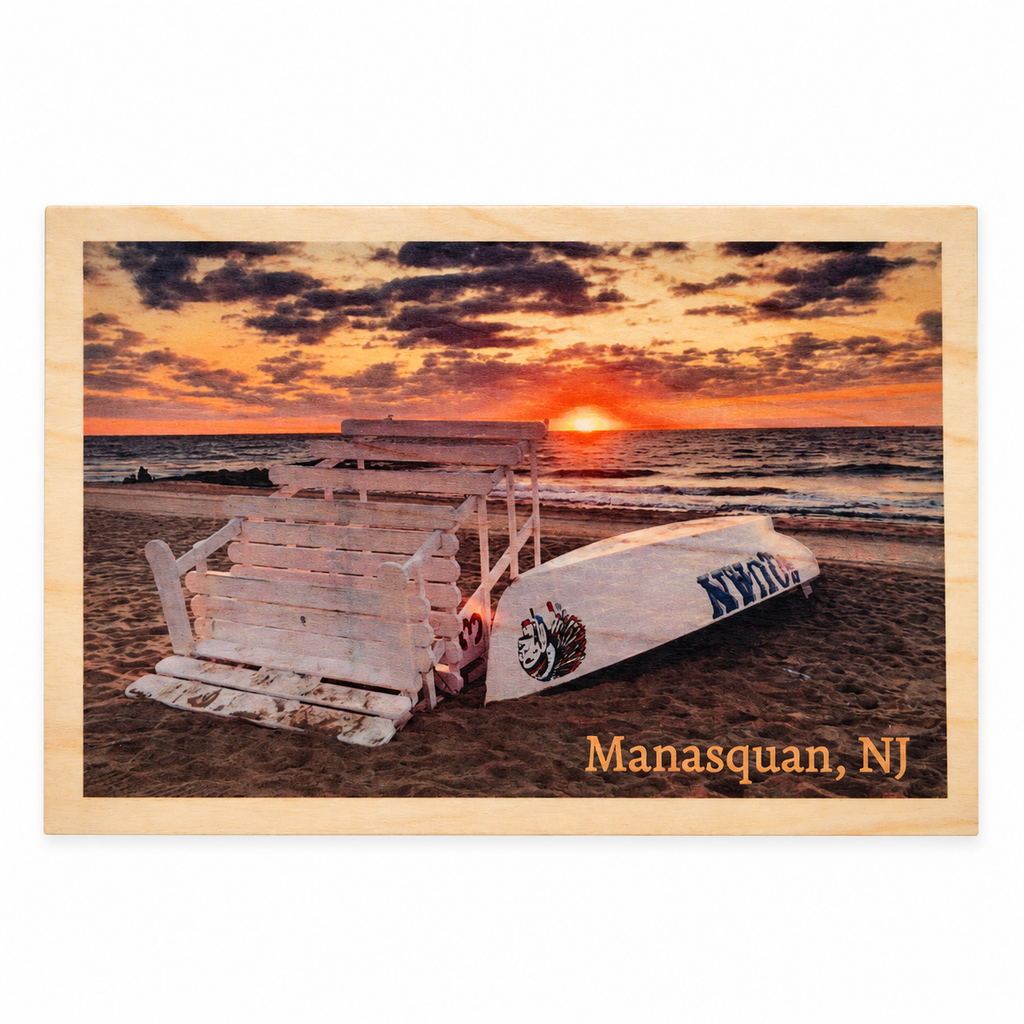 Manasquan NJ Lifeguard Sunset Wooden Postcard